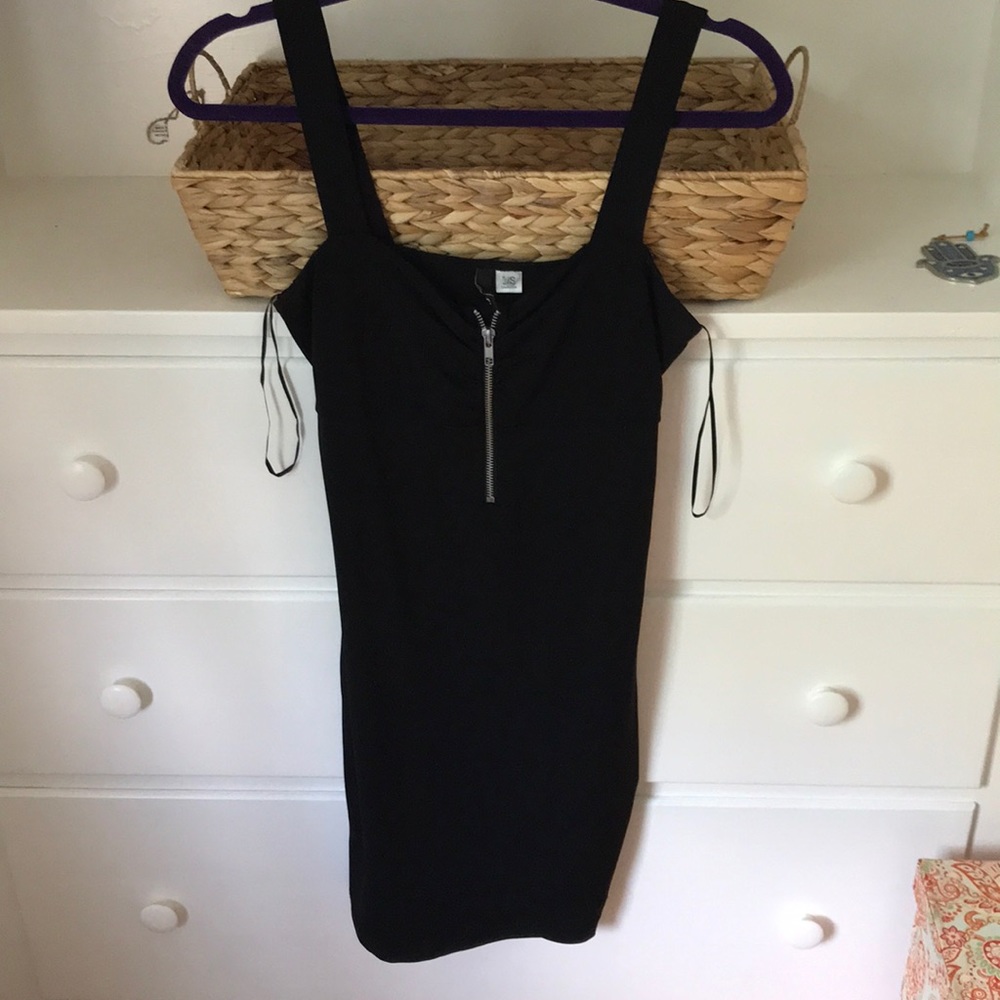 Black mini fitted zip front dress